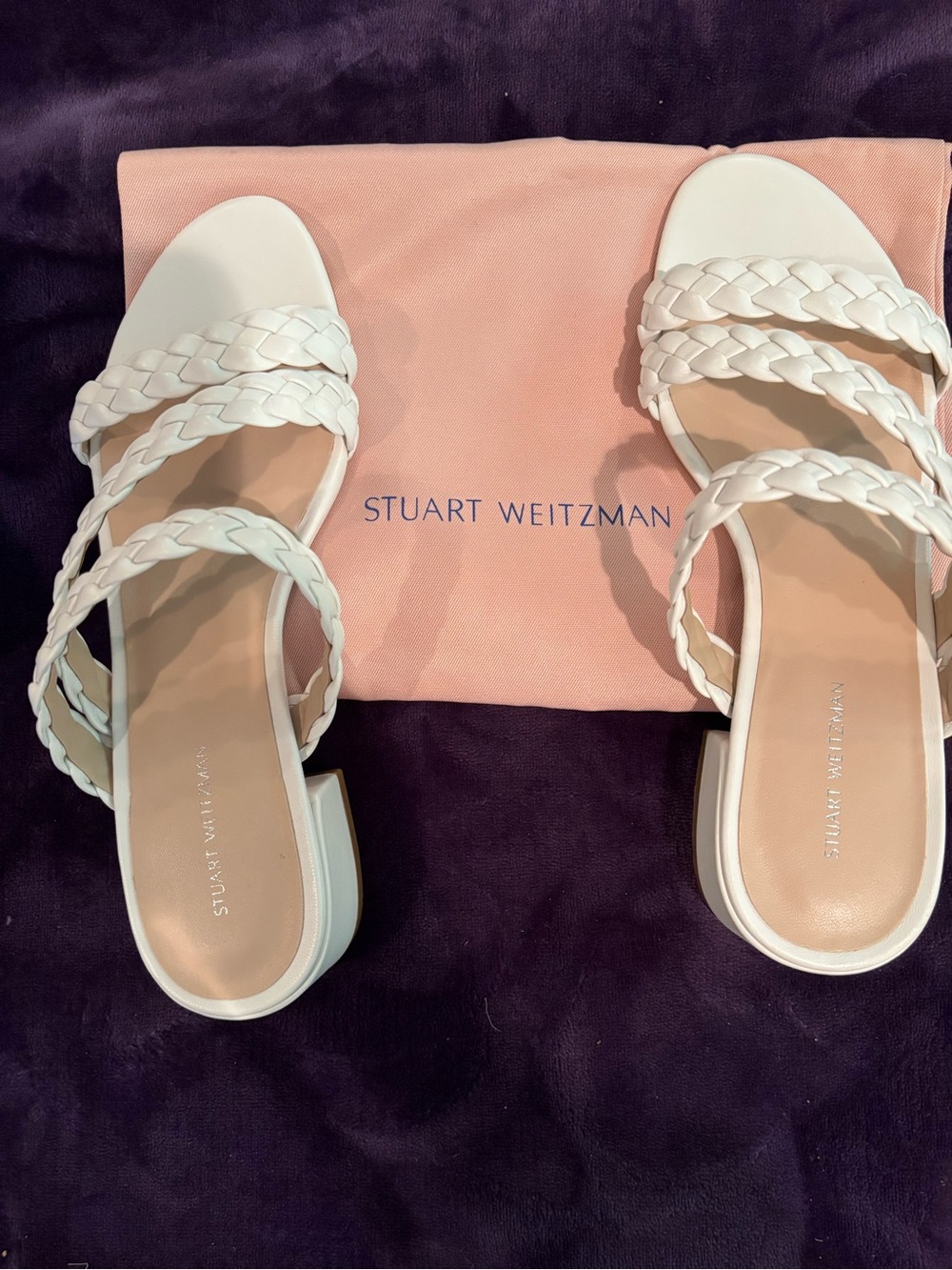 Stuart Weitzman White Braided Double-Strap Block Heel Sandal